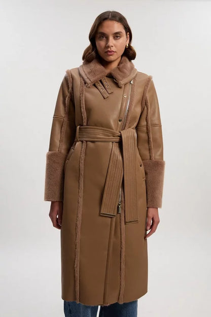 Faux Fur Buckle Detail Belted Biker Midi Coat