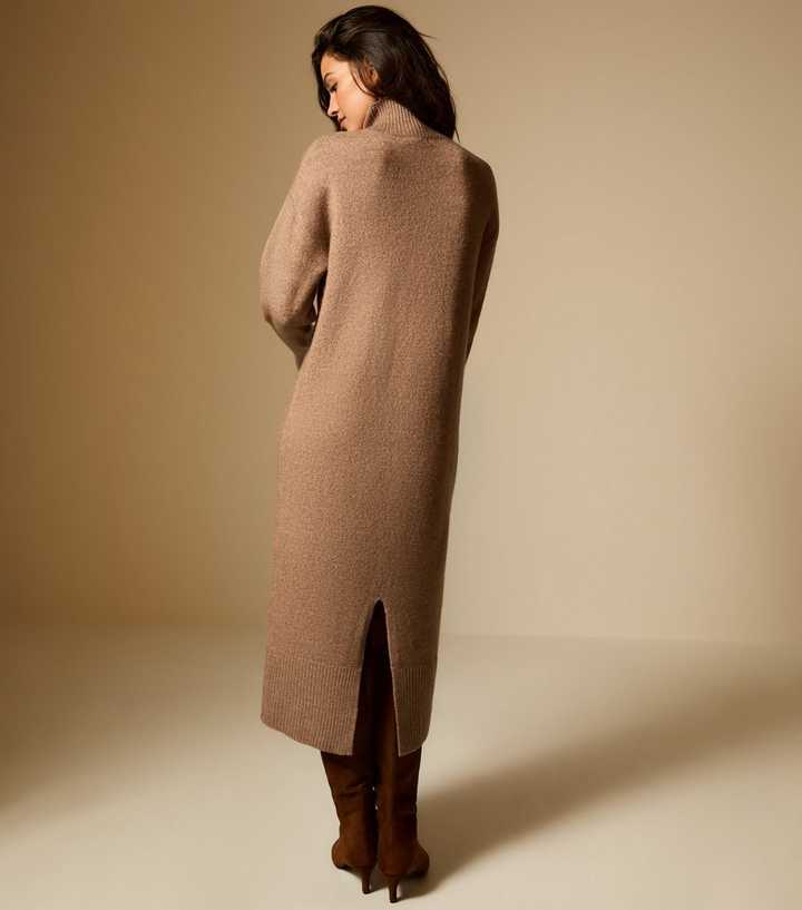 Mink High Neck Back Slit Midi Jumper Dress