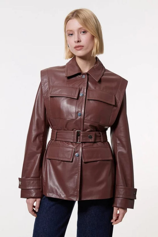 Leather Belted Shoulder Detail Tailored Jacket