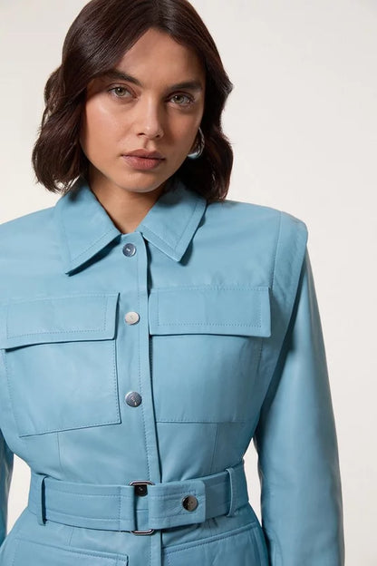 Leather Belted Shoulder Detail Tailored Jacket