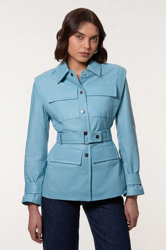 Leather Belted Shoulder Detail Tailored Jacket