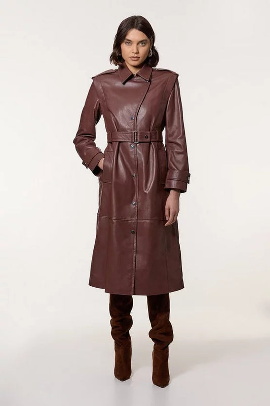 Leather Strong Shoulder Belted Midi Trench Coat