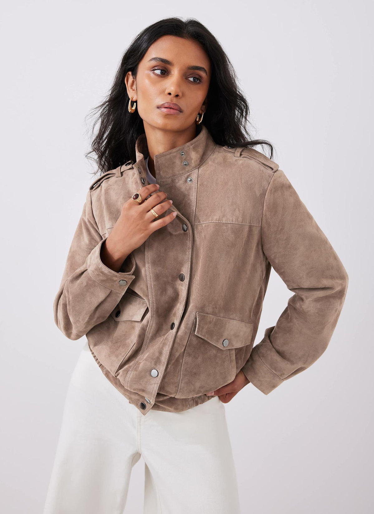Neutral Suede Bomber Jacket