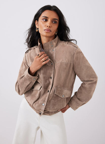 Neutral Suede Bomber Jacket
