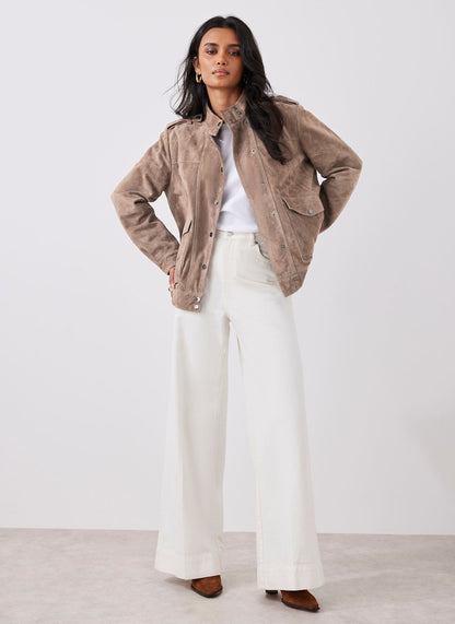 Neutral Suede Bomber Jacket