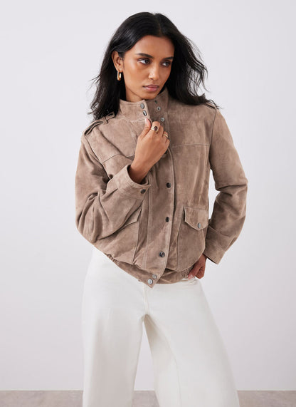 Neutral Suede Bomber Jacket