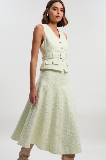 Boucle Tailored Sleeveless Satin Mix Full Skirted Midi Dress