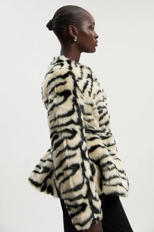 Faux Fur Zebra Collarless Coat