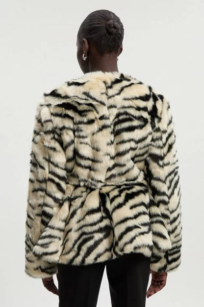 Faux Fur Zebra Collarless Coat
