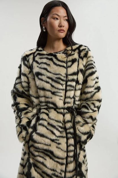 Faux Fur Zebra Collarless Tie Belted Midi Coat