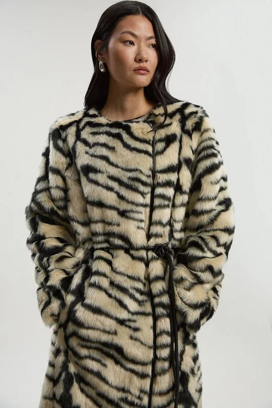 Faux Fur Zebra Collarless Tie Belted Midi Coat