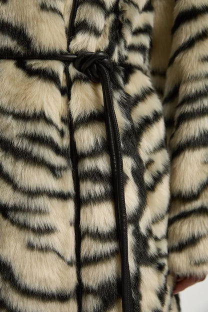 Faux Fur Zebra Collarless Tie Belted Midi Coat