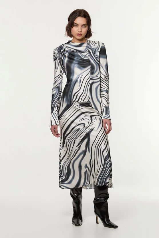 Graduated Stripe Viscose Satin Bias Midi Dress