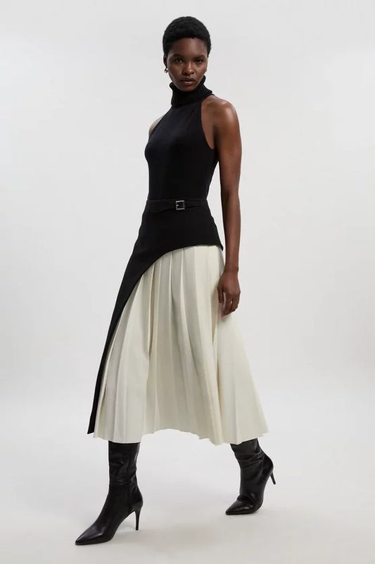 Tailored Buckle Detail Pleated Midi Skirt