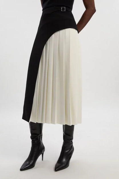 Tailored Buckle Detail Pleated Midi Skirt