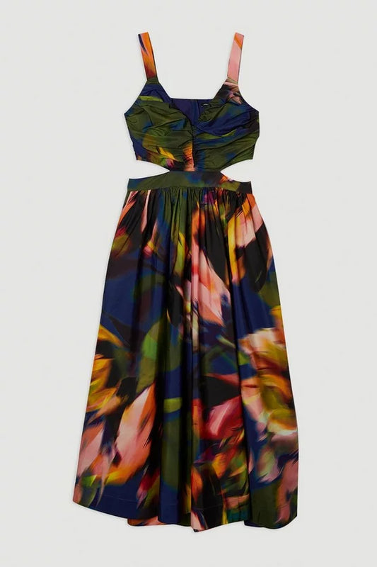 Blurred Floral Drama Woven Taffeta Maxi Dress
