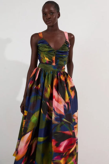 Blurred Floral Drama Woven Taffeta Maxi Dress