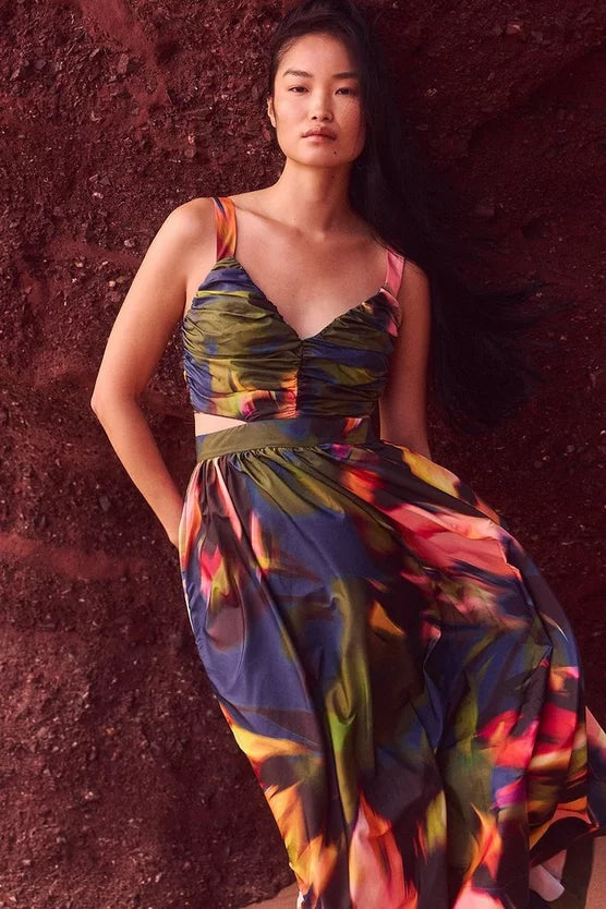 Blurred Floral Drama Woven Taffeta Maxi Dress