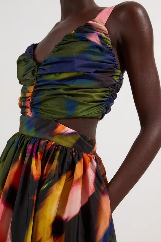 Blurred Floral Drama Woven Taffeta Maxi Dress