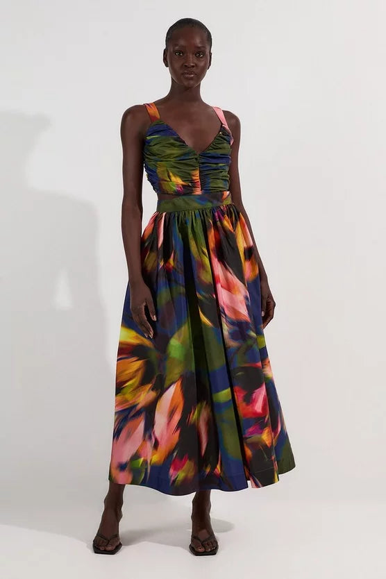 Blurred Floral Drama Woven Taffeta Maxi Dress