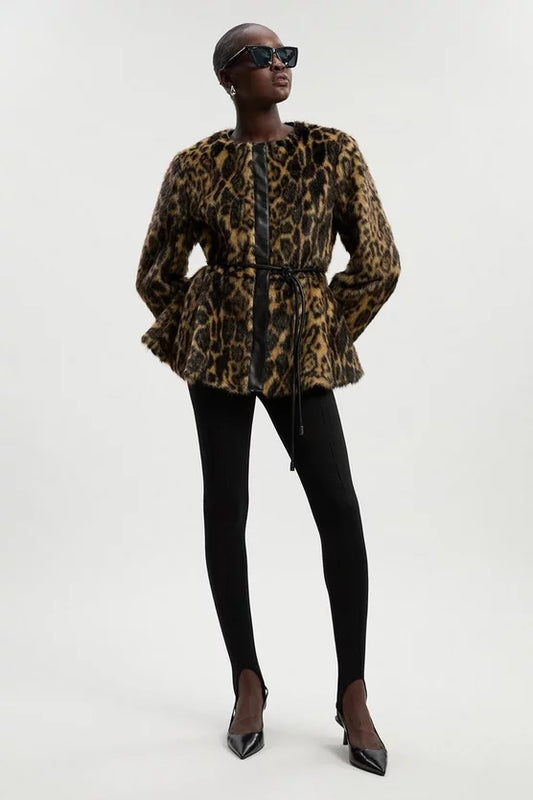 Faux Fur Leopard Collarless Coat