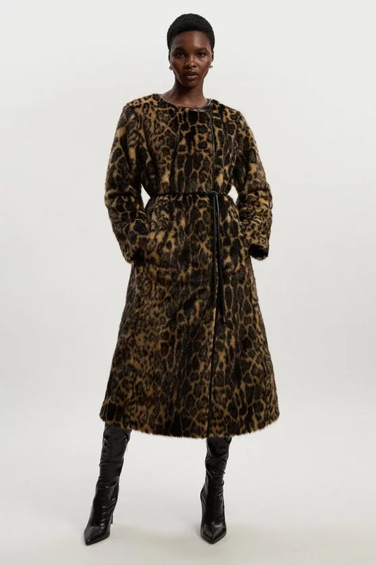 Faux Fur Leopard Collarless Tie Belted Midi Coat