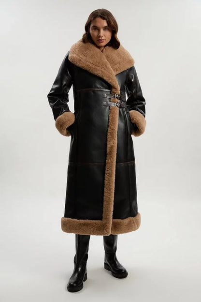 Faux Shearling Oversize Collar Buckle Midi Coat
