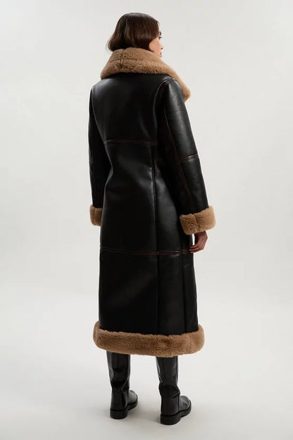 Faux Shearling Oversize Collar Buckle Midi Coat