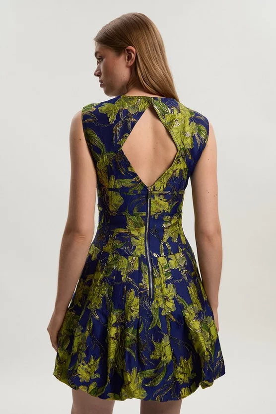Floral Jacquard Tailored Puff Mini Dress