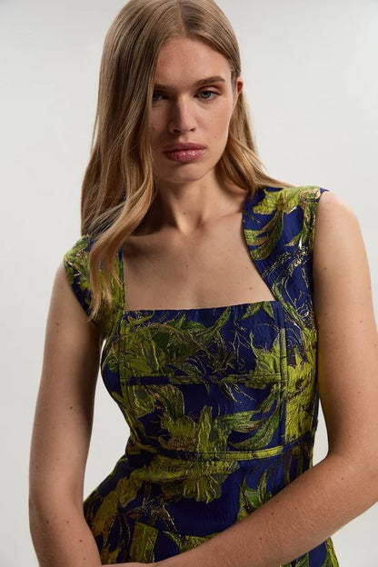 Floral Jacquard Tailored Puff Mini Dress
