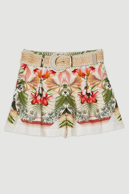 Mirrored Viscose Linen Floral Print With Raffia Belt Woven City Shorts