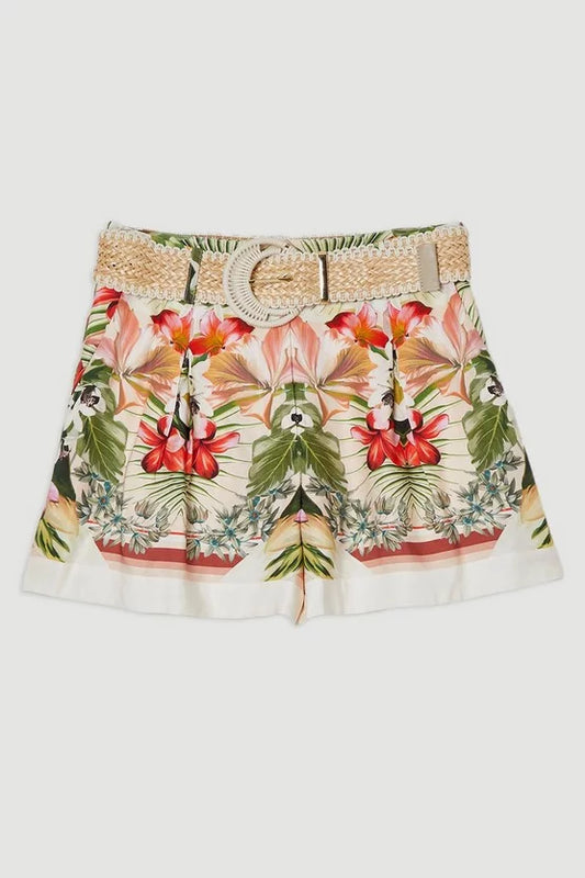 Mirrored Viscose Linen Floral Print With Raffia Belt Woven City Shorts