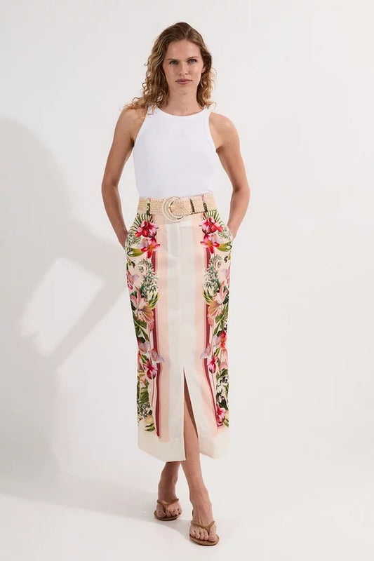 Mirrored Viscose Linen Floral Print With Raffia Belt Woven Midi Skirt