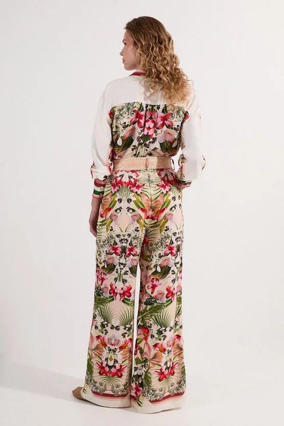 Mirrored Viscose Linen Floral Print With Raffia Belt Woven Trousers