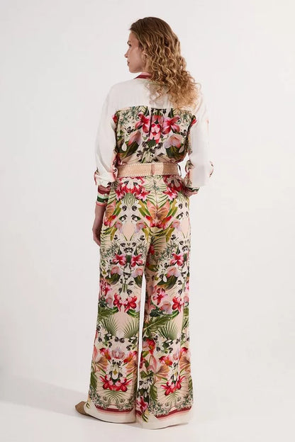 Mirrored Viscose Linen Floral Print With Raffia Belt Woven Trousers