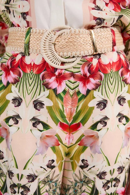 Mirrored Viscose Linen Floral Print With Raffia Belt Woven Trousers