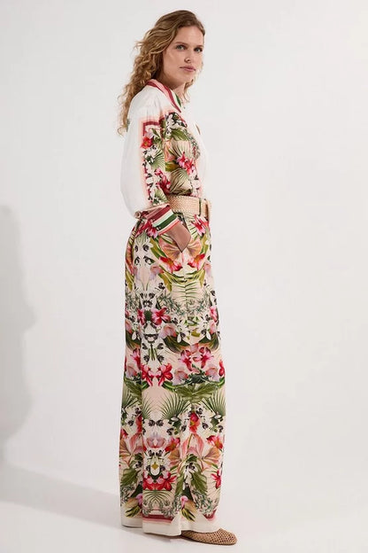 Mirrored Viscose Linen Floral Print With Raffia Belt Woven Trousers