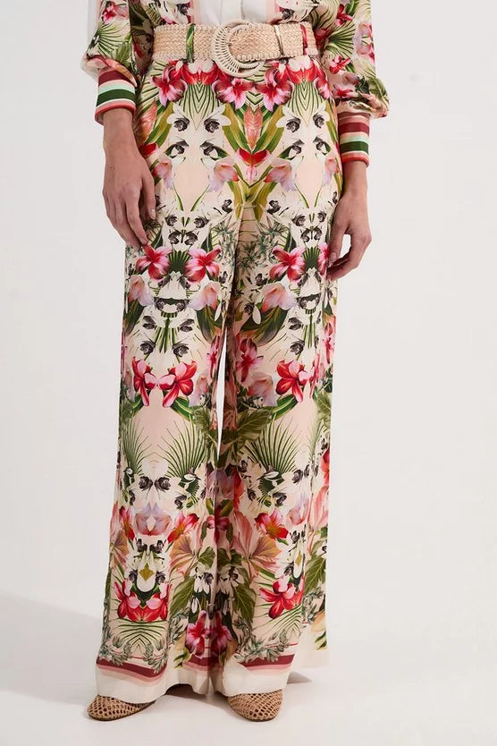 Mirrored Viscose Linen Floral Print With Raffia Belt Woven Trousers