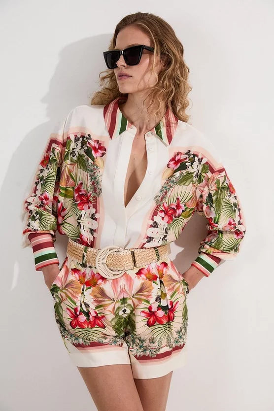Mirrored Viscose Linen Floral Print Woven Shirt