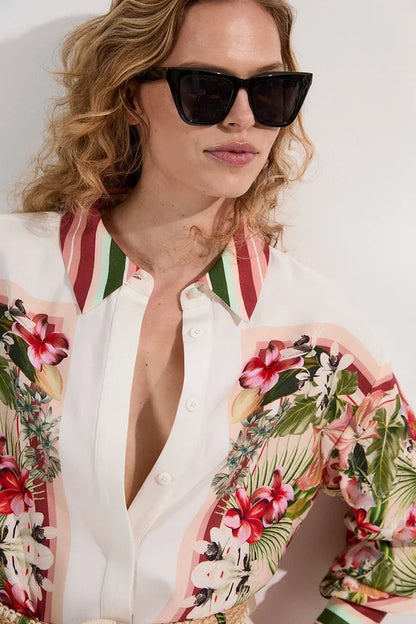 Mirrored Viscose Linen Floral Print Woven Shirt