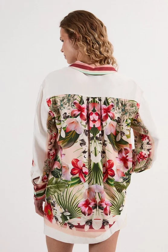 Mirrored Viscose Linen Floral Print Woven Shirt