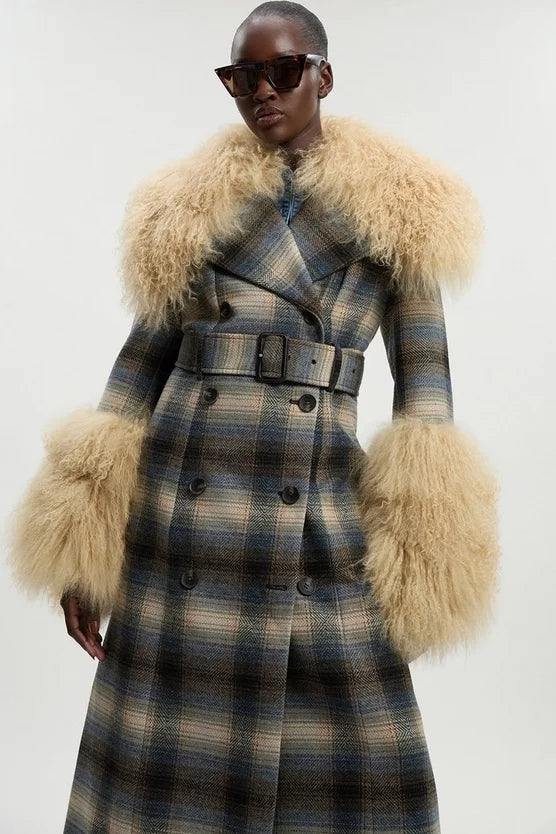 Wool & Shearling Check Tailored Double Breasted Belted Midi Coat