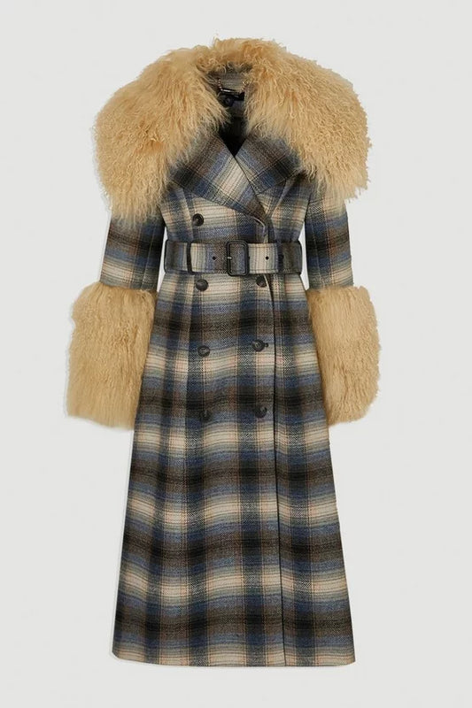 Wool & Shearling Check Tailored Double Breasted Belted Midi Coat