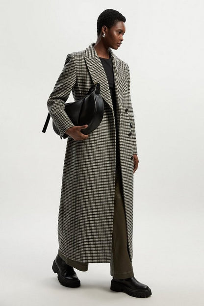 Wool Blend Houndstooth Tailored Fitted Maxi Coat