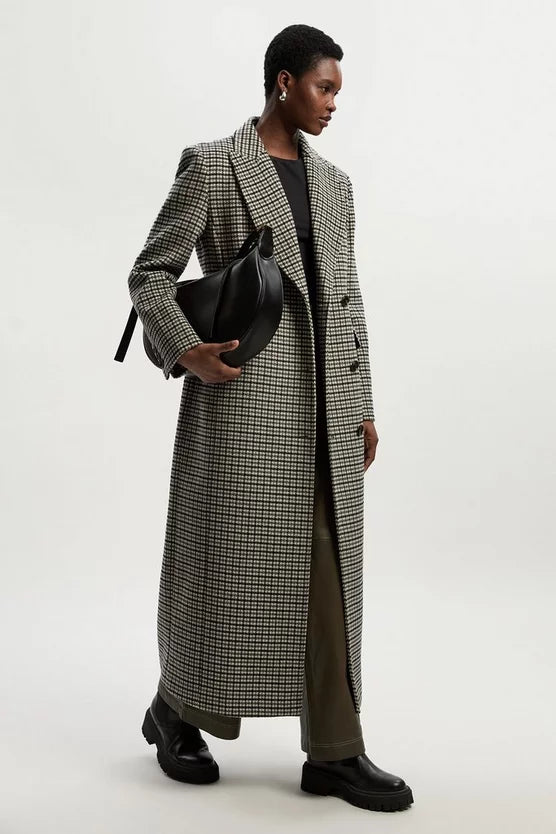 Wool Blend Houndstooth Tailored Fitted Maxi Coat