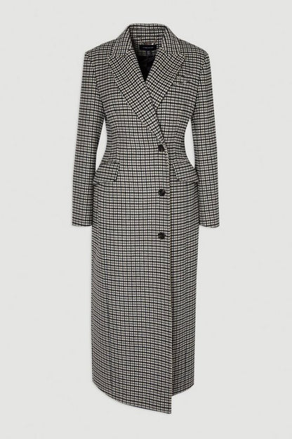 Wool Blend Houndstooth Tailored Fitted Maxi Coat