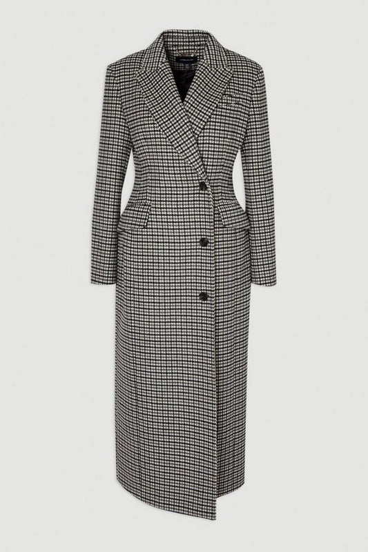 Wool Blend Houndstooth Tailored Fitted Maxi Coat