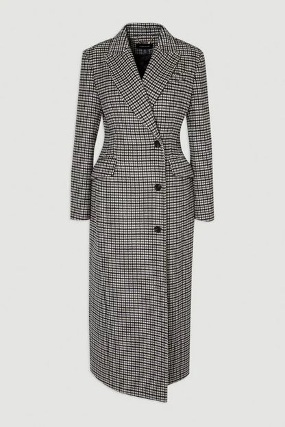 Wool Blend Houndstooth Tailored Fitted Maxi Coat