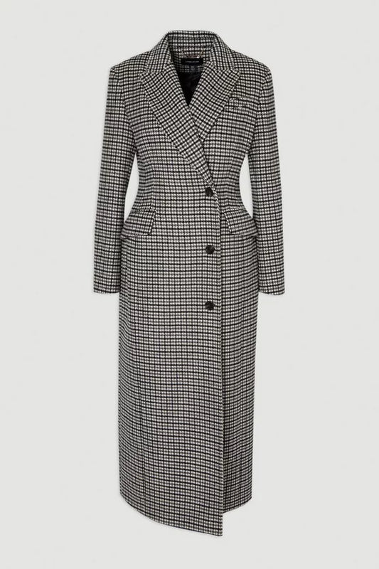Wool Blend Houndstooth Tailored Fitted Maxi Coat