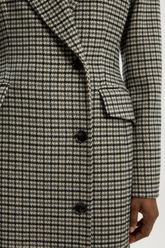 Wool Blend Houndstooth Tailored Fitted Maxi Coat